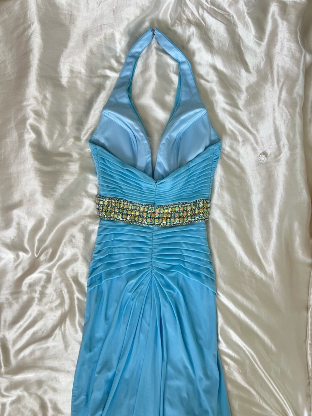Vintage Y2K Tony Bowls Ice Blue Jeweled Halter Prom Dress - Picture 6 of 9